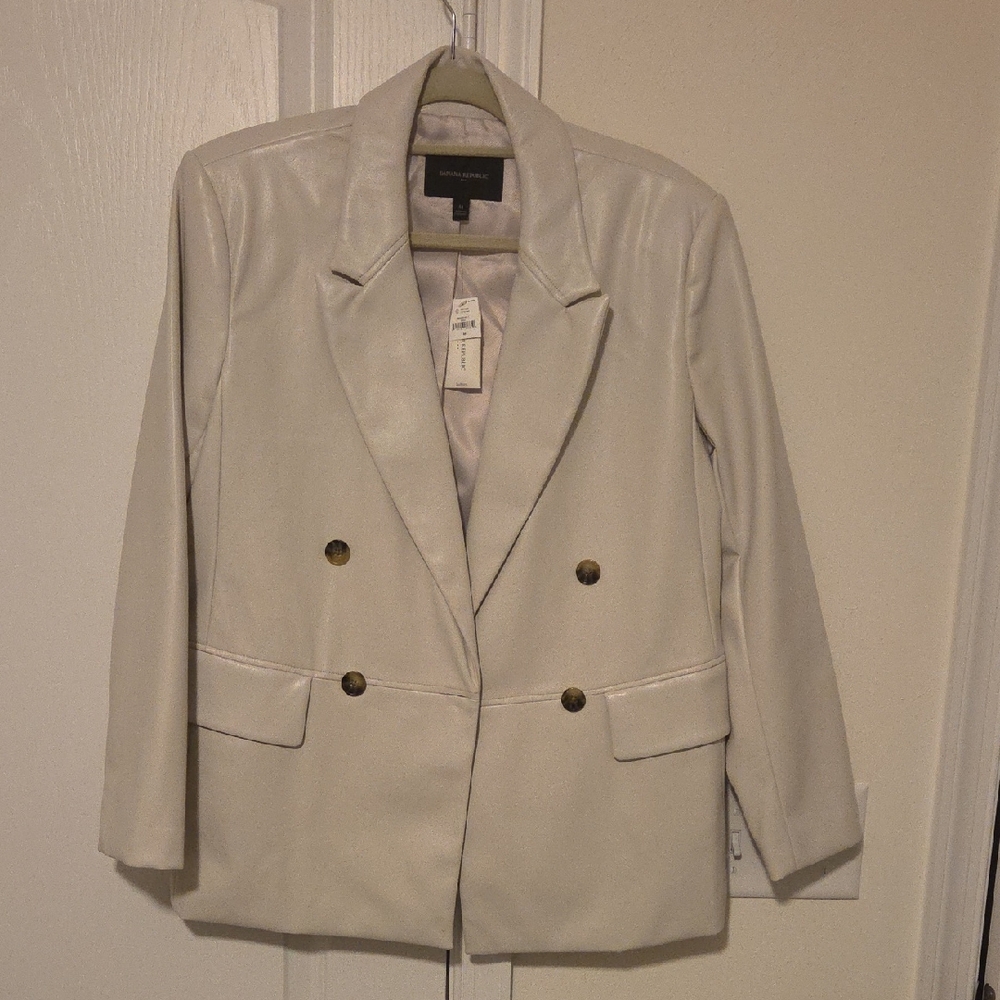 Banana Republic Cream Faux Leather Blazer with Brown Buttons